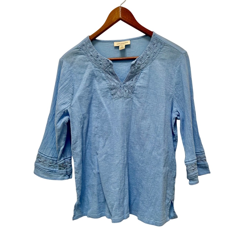 Appleseeds Petite Blue Cotton Gauze Crochet Lace Trim‎ 3/4 Sleeve Blouse PM